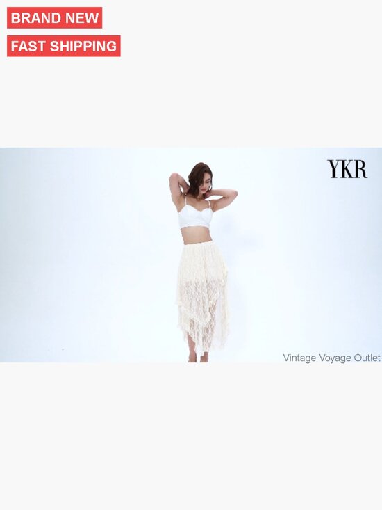 Lace Maxi Skirt Elastic Waist Asymmetrical Hem Sheer Flowy Beach Cover Up - Picture 7 of 7